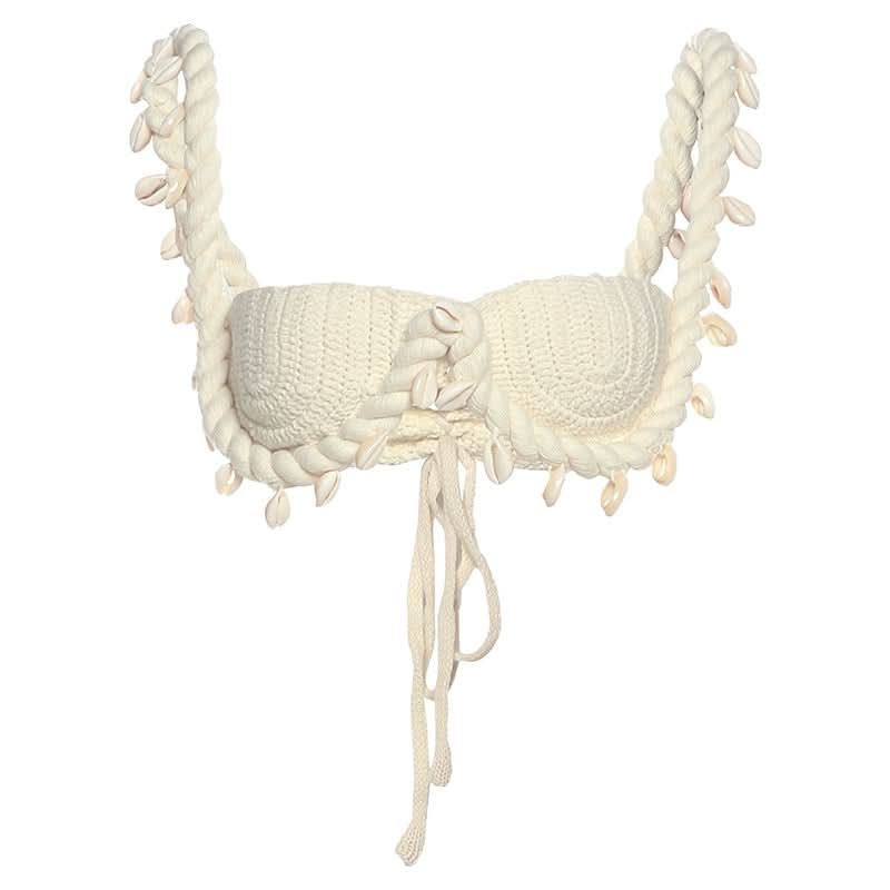 Seashell Dreams Knit Crop Top | Coastal Chic Resort Bralette with Rope Straps