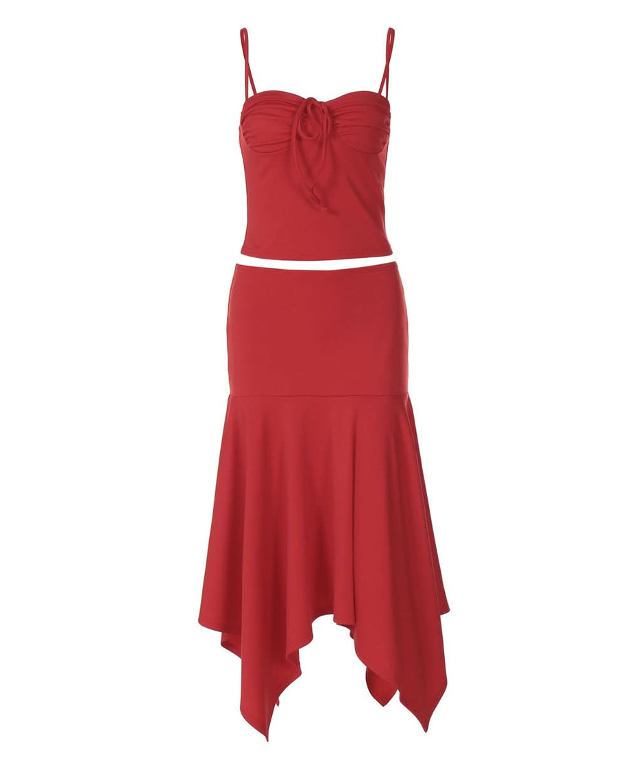 Crimson Chic: Ruched Backless Cami & Asymmetrical Midi Skirt Set – Holiday & Date Night Ready