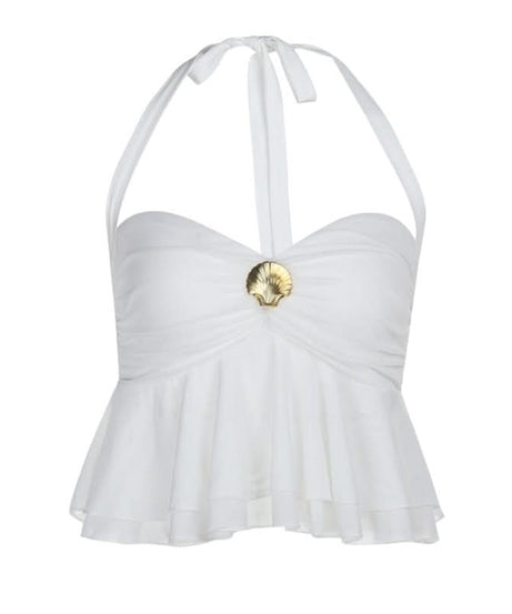 Elegant White Halter Peplum Top with Gold Seashell Accent - Your Perfect Resort & Vacation Essential