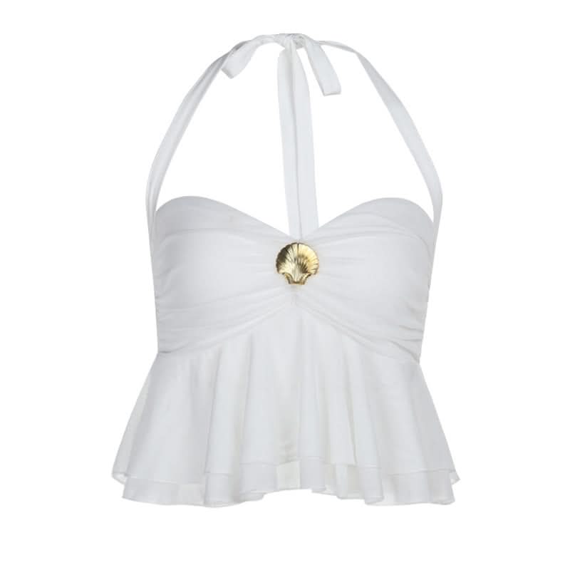 Elegant White Halter Peplum Top with Gold Seashell Accent - Your Perfect Resort & Vacation Essential
