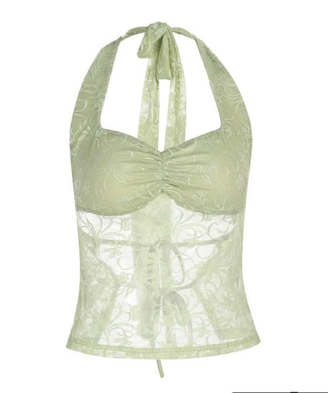 Chic Pistachio Green Lace Halter Top | Sheer Ruched Bustier for Fall Nights