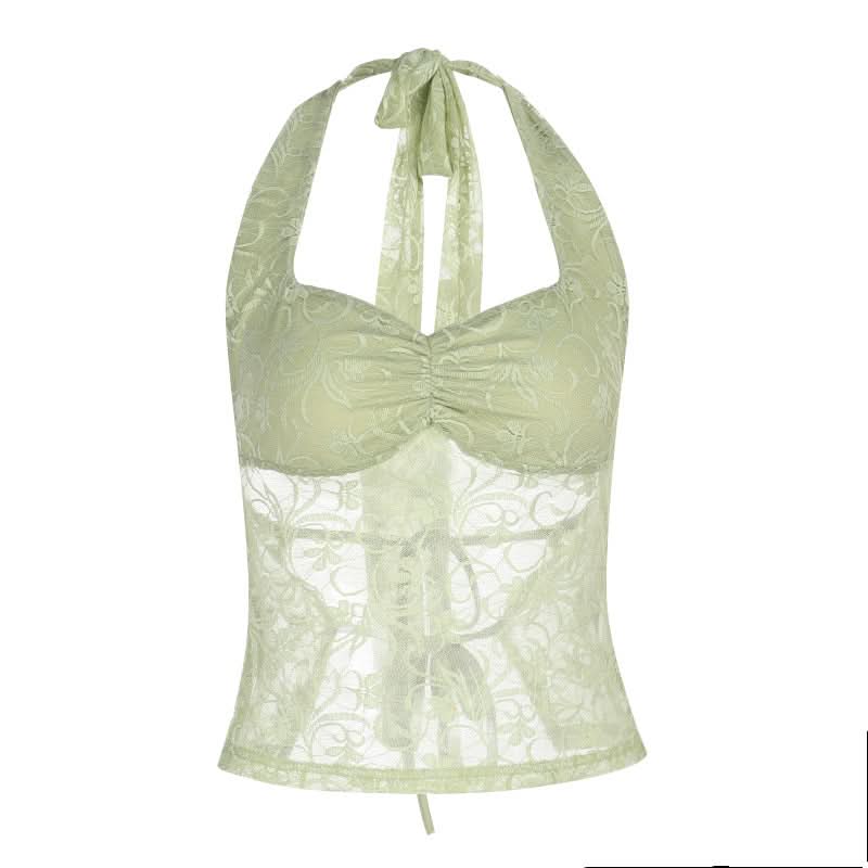 Chic Pistachio Green Lace Halter Top | Sheer Ruched Bustier for Fall Nights