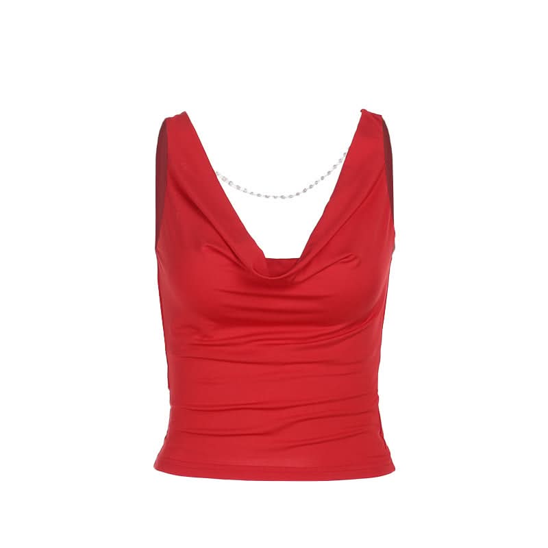 Siren Red Cowl Neck Beaded Backless Top - Ultimate Holiday Party Glam