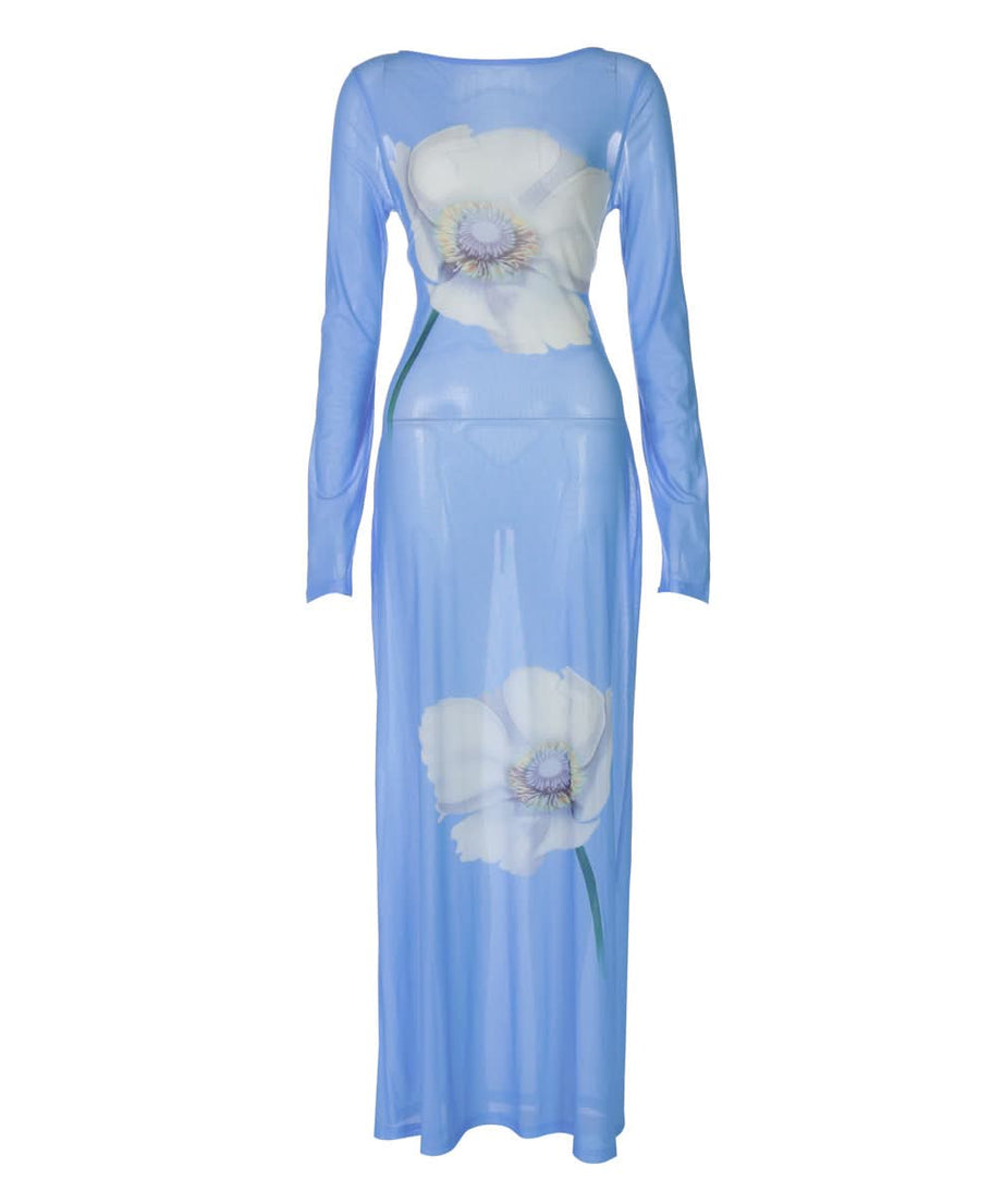Ethereal Bloom Long Sleeve Mesh Maxi Dress - Sheer Blue Floral for Fall Layering