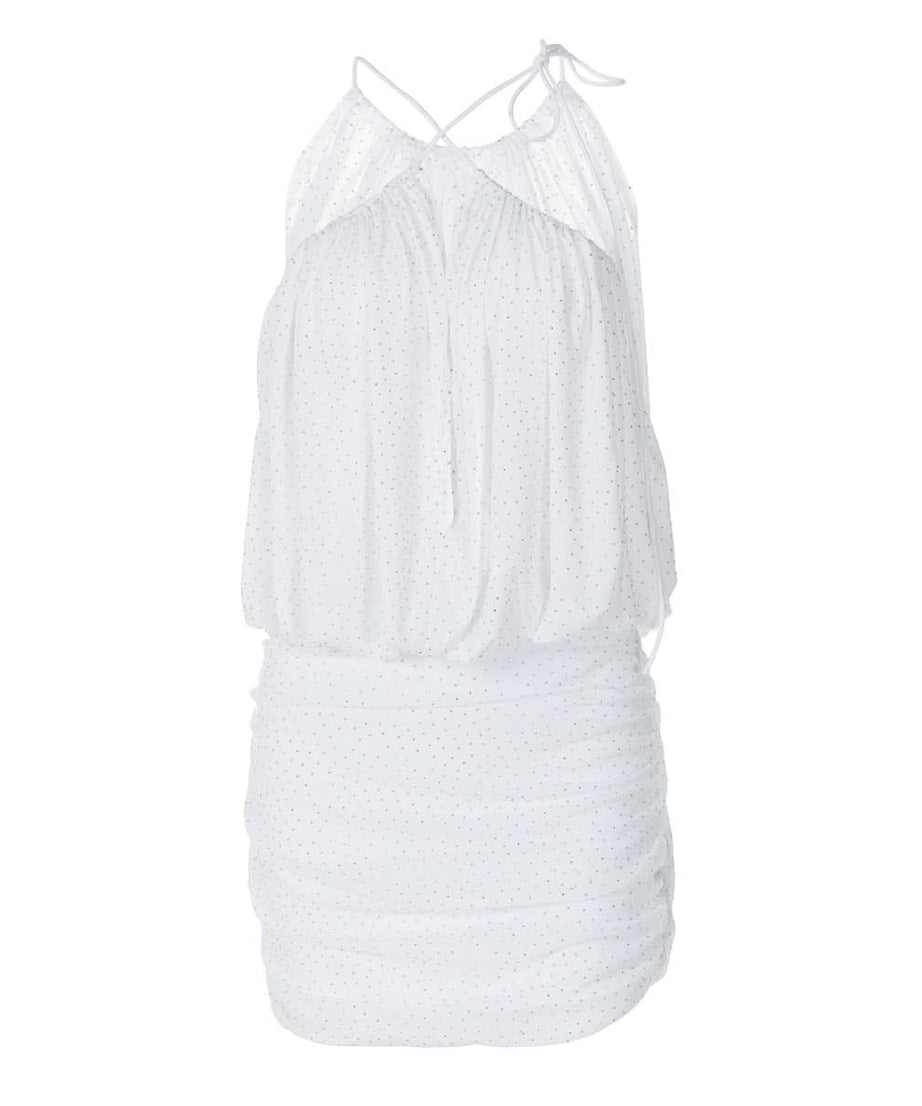 Dazzling Dot Mesh Halter Mini Dress - Chic Ruched Style for Parties & Holiday Glam