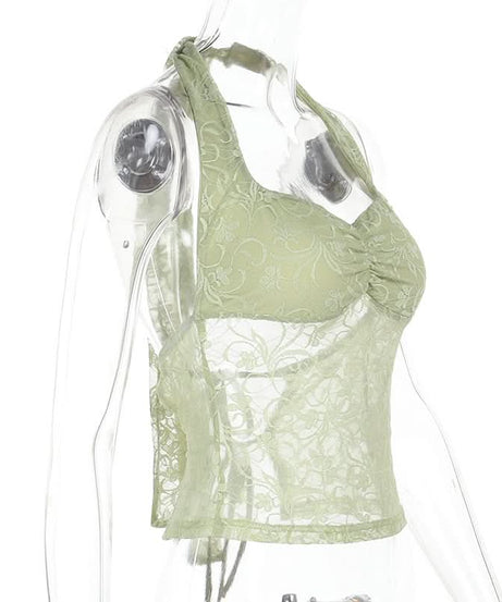 Chic Pistachio Green Lace Halter Top | Sheer Ruched Bustier for Fall Nights
