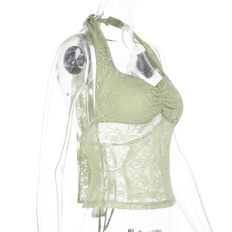 Chic Pistachio Green Lace Halter Top | Sheer Ruched Bustier for Fall Nights