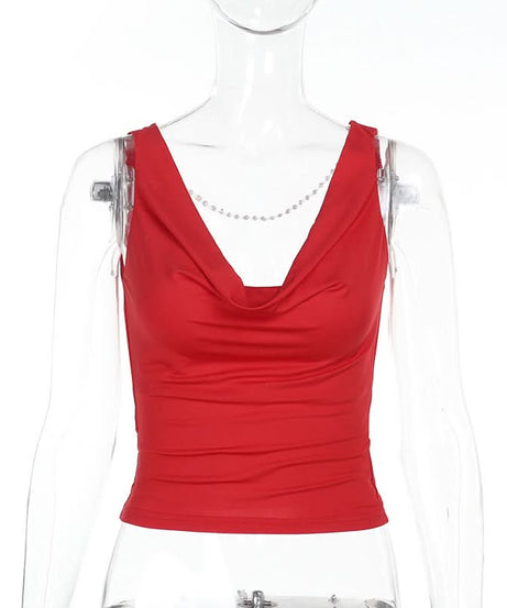 Siren Red Cowl Neck Beaded Backless Top - Ultimate Holiday Party Glam