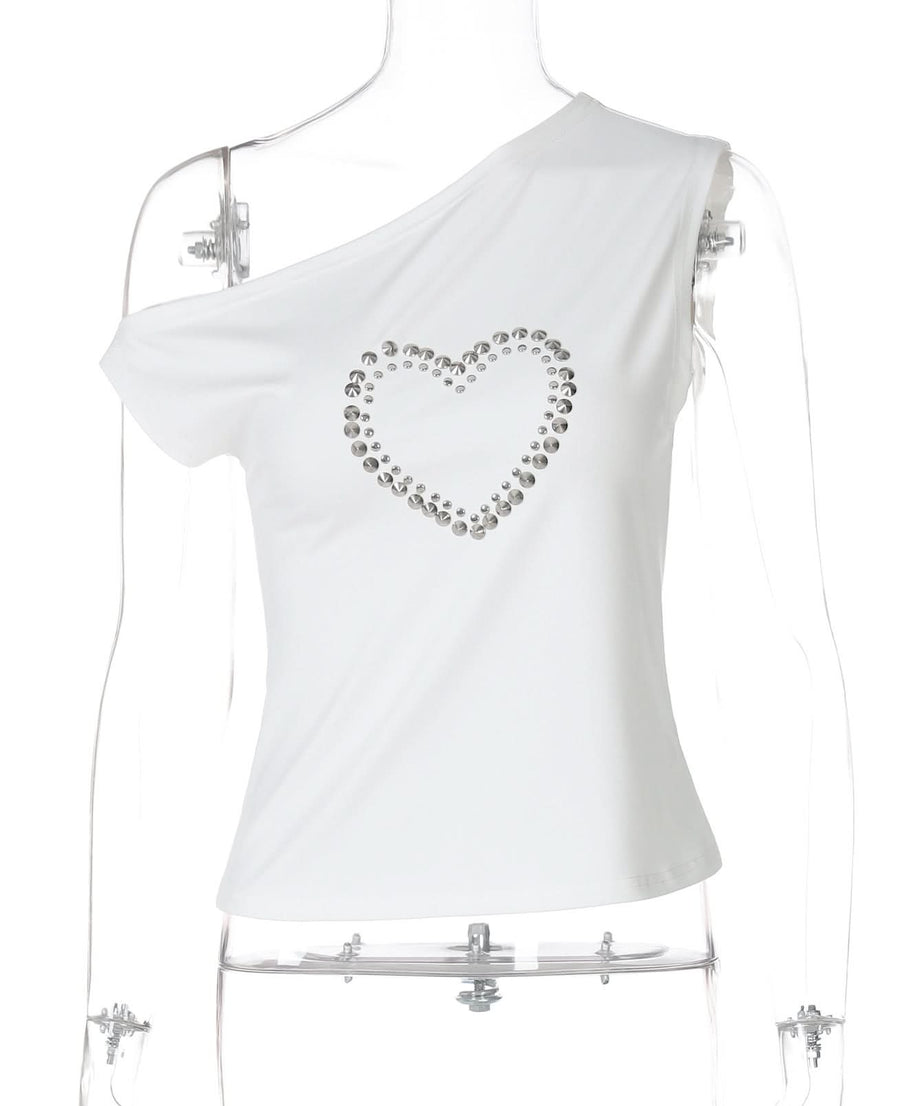 Dazzling Heart Stud One-Shoulder Top – Your Chic Fall Statement Piece