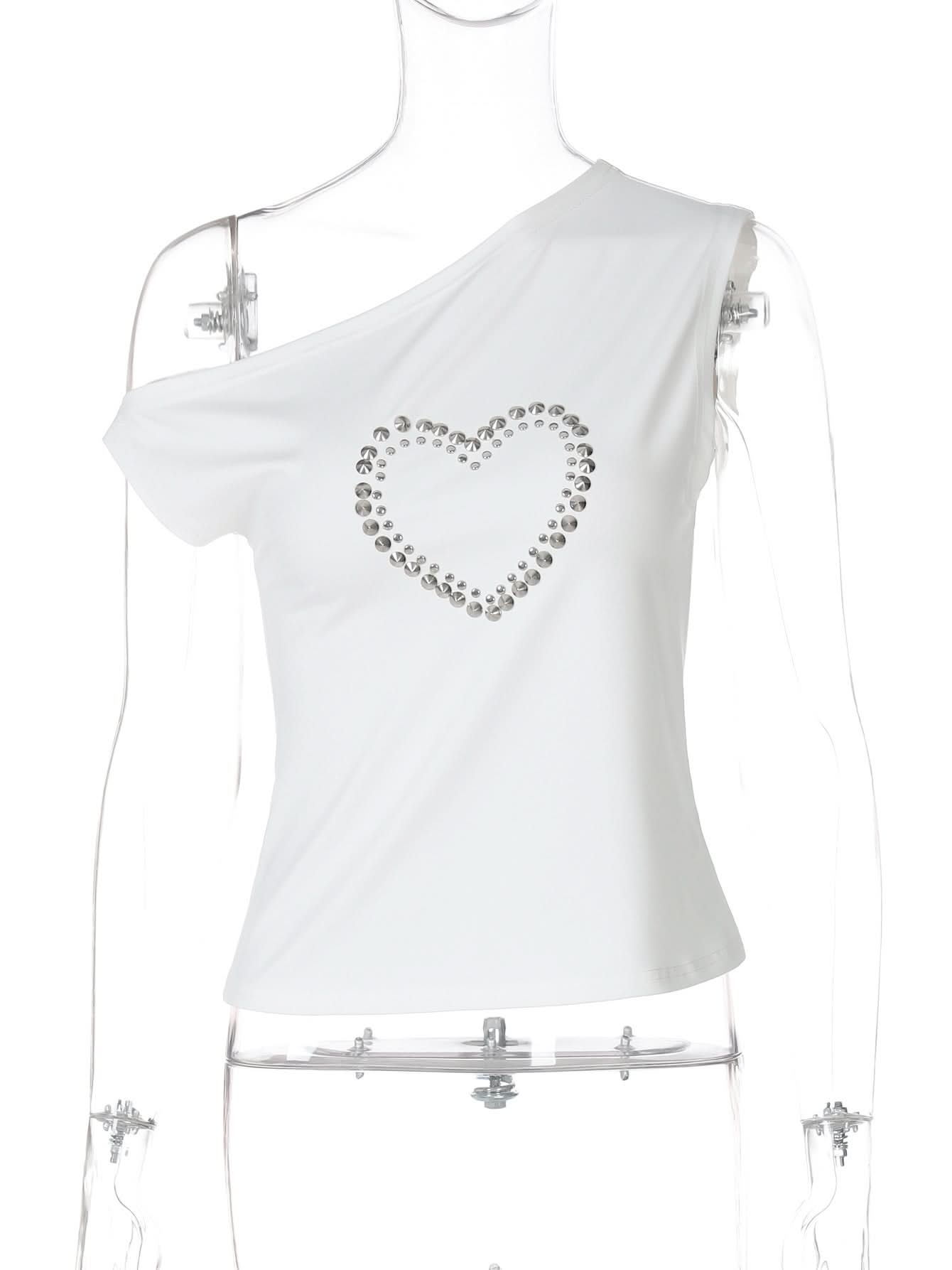 Dazzling Heart Stud One-Shoulder Top – Your Chic Fall Statement Piece
