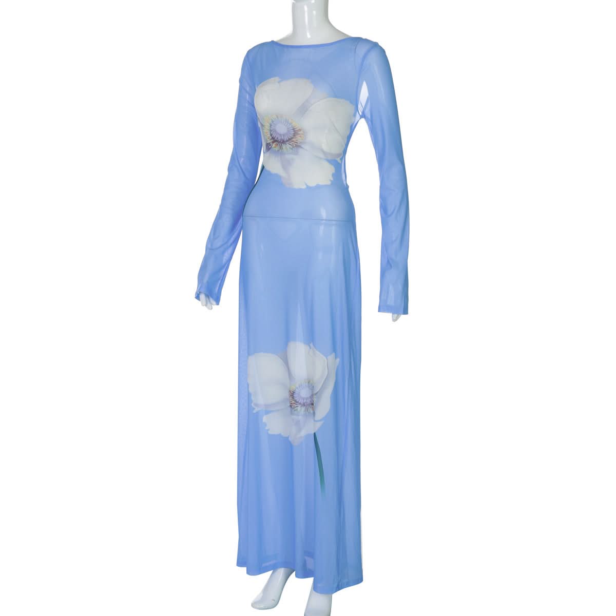 Ethereal Bloom Long Sleeve Mesh Maxi Dress - Sheer Blue Floral for Fall Layering