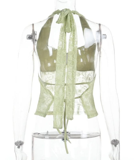 Chic Pistachio Green Lace Halter Top | Sheer Ruched Bustier for Fall Nights
