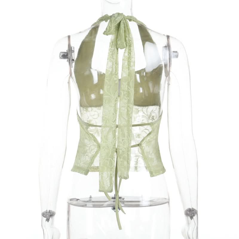 Chic Pistachio Green Lace Halter Top | Sheer Ruched Bustier for Fall Nights