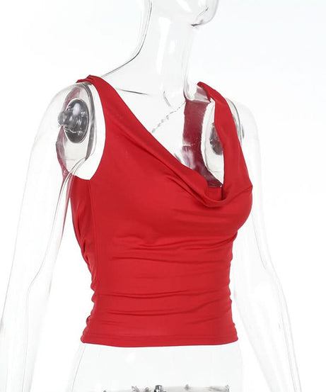 Siren Red Cowl Neck Beaded Backless Top - Ultimate Holiday Party Glam