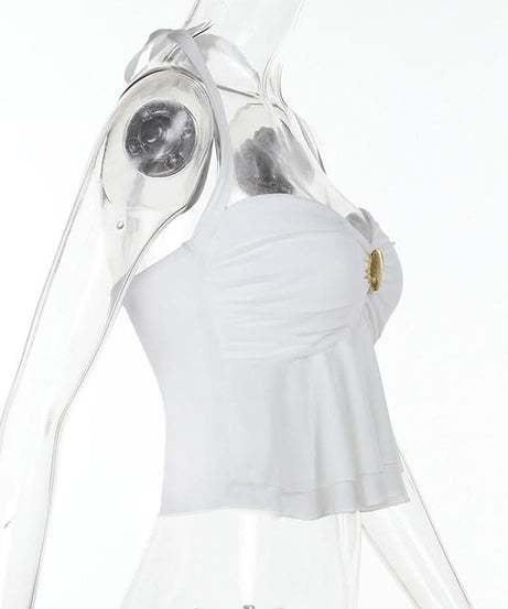 Elegant White Halter Peplum Top with Gold Seashell Accent - Your Perfect Resort & Vacation Essential