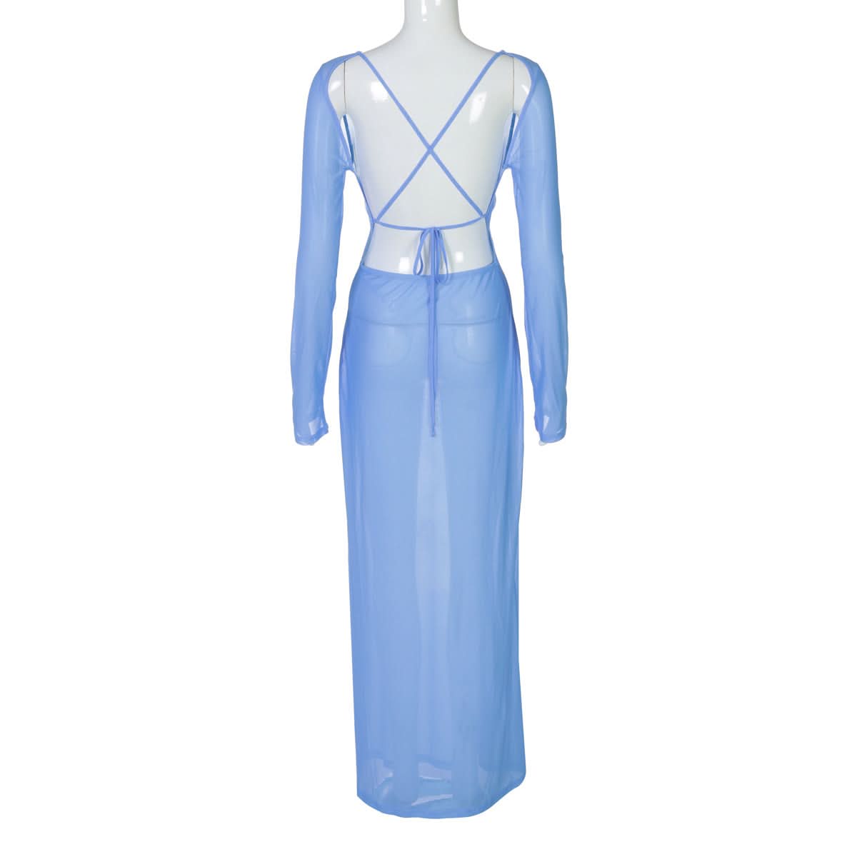 Ethereal Bloom Long Sleeve Mesh Maxi Dress - Sheer Blue Floral for Fall Layering