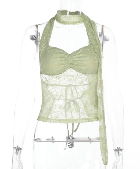 Chic Pistachio Green Lace Halter Top | Sheer Ruched Bustier for Fall Nights
