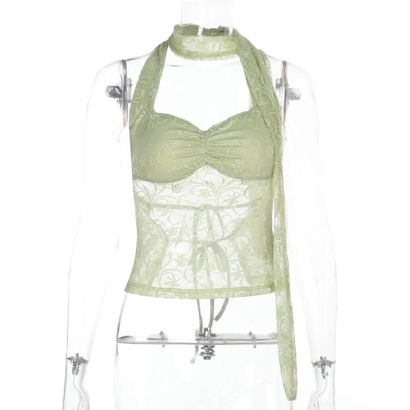 Chic Pistachio Green Lace Halter Top | Sheer Ruched Bustier for Fall Nights