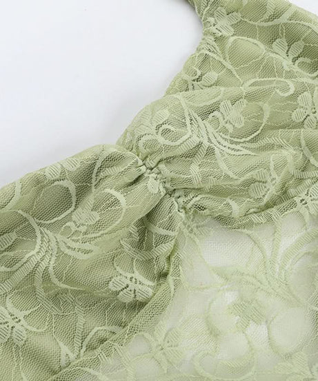 Chic Pistachio Green Lace Halter Top | Sheer Ruched Bustier for Fall Nights