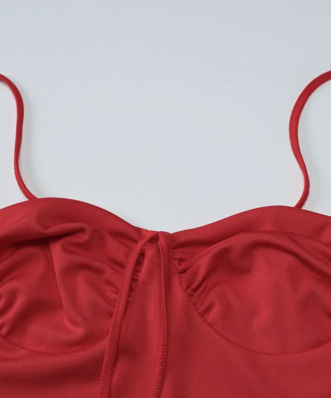 Crimson Chic: Ruched Backless Cami & Asymmetrical Midi Skirt Set – Holiday & Date Night Ready