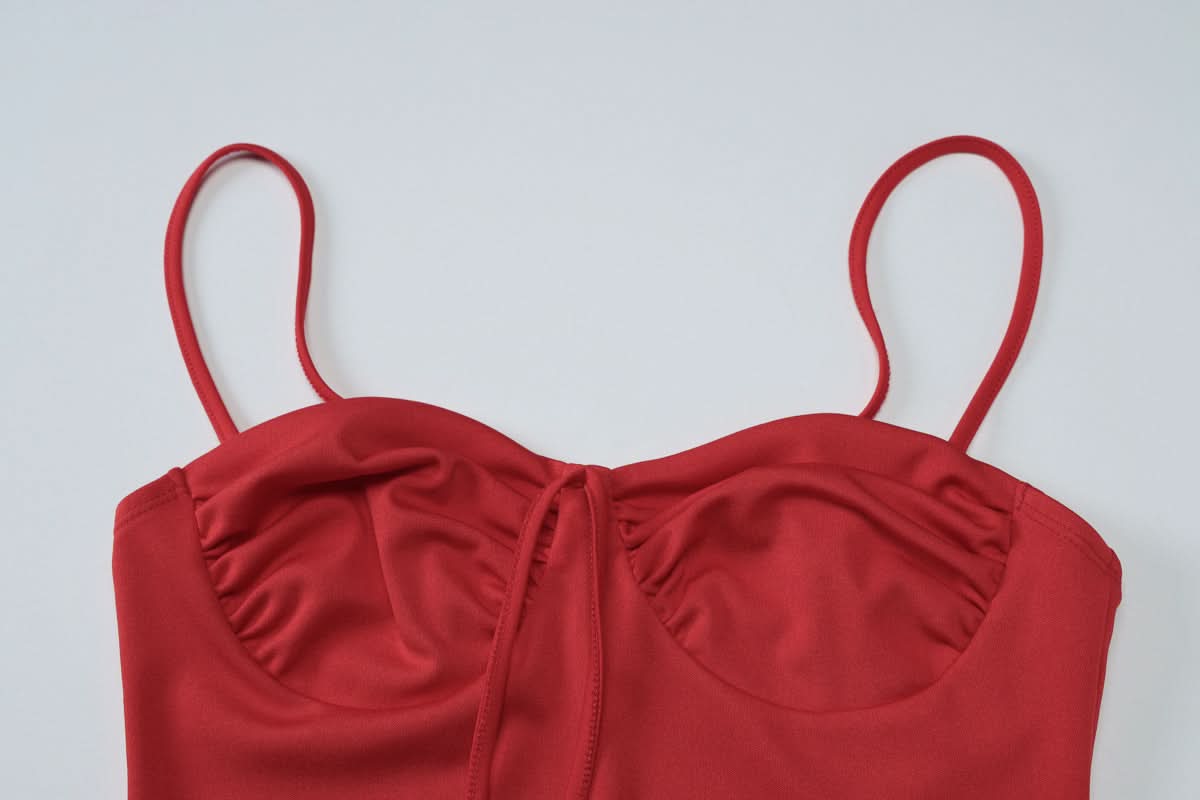 Crimson Chic: Ruched Backless Cami & Asymmetrical Midi Skirt Set – Holiday & Date Night Ready