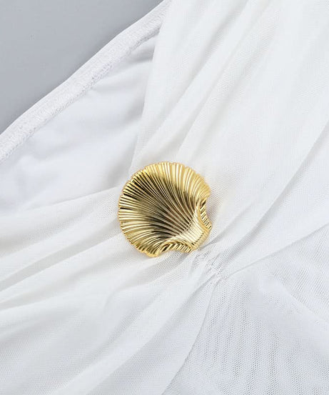 Elegant White Halter Peplum Top with Gold Seashell Accent - Your Perfect Resort & Vacation Essential