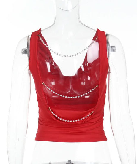 Siren Red Cowl Neck Beaded Backless Top - Ultimate Holiday Party Glam