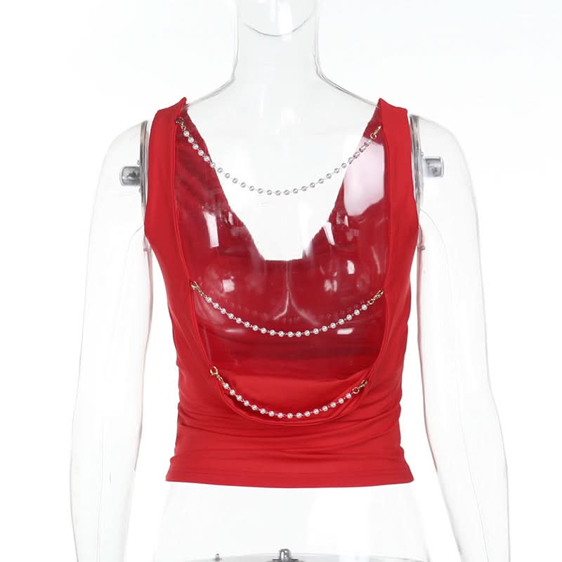 Siren Red Cowl Neck Beaded Backless Top - Ultimate Holiday Party Glam