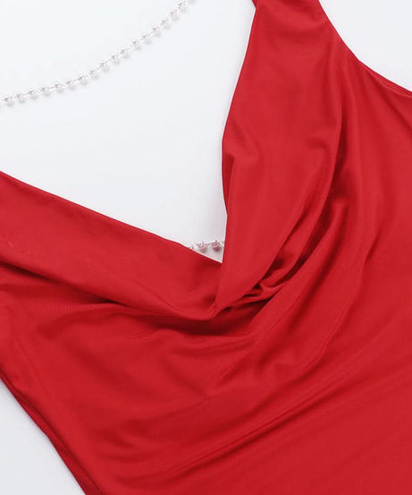 Siren Red Cowl Neck Beaded Backless Top - Ultimate Holiday Party Glam