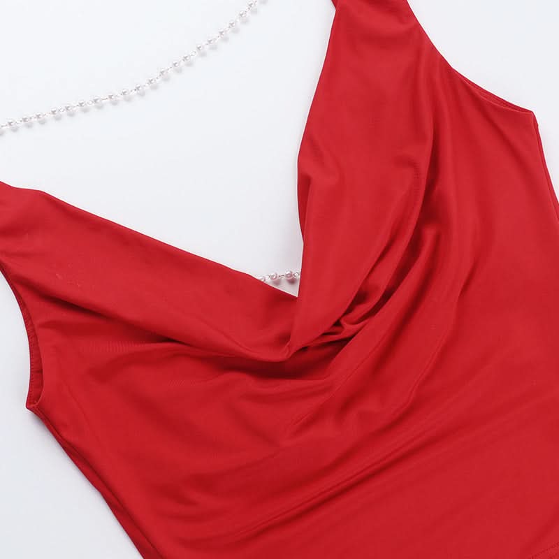 Siren Red Cowl Neck Beaded Backless Top - Ultimate Holiday Party Glam