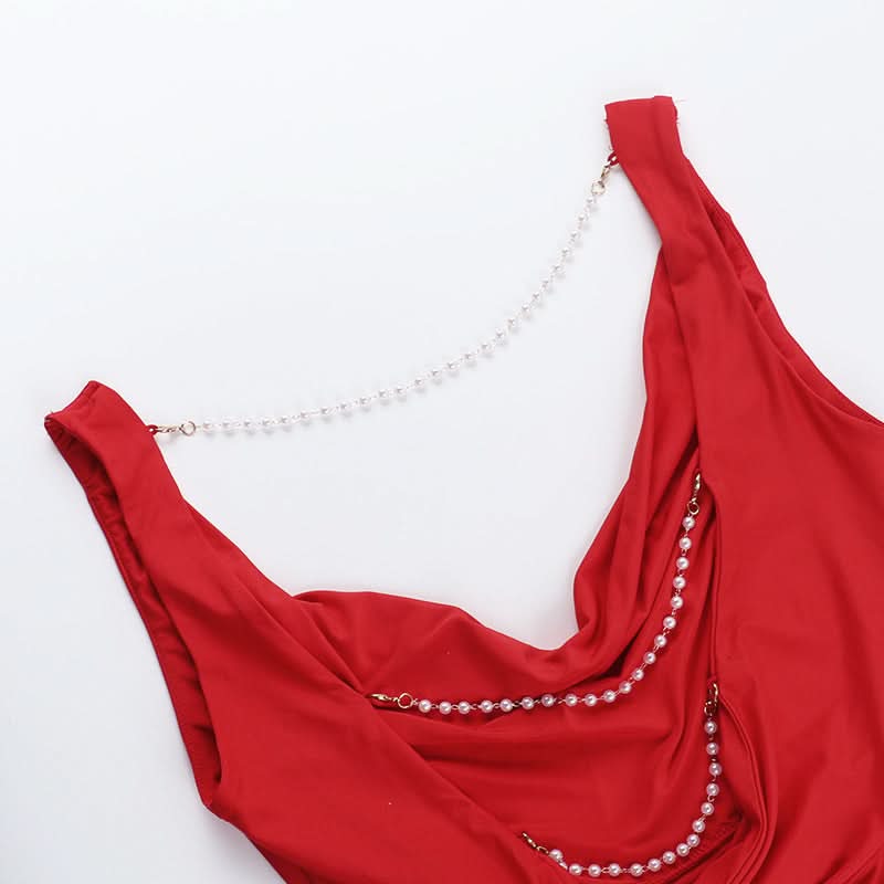 Siren Red Cowl Neck Beaded Backless Top - Ultimate Holiday Party Glam