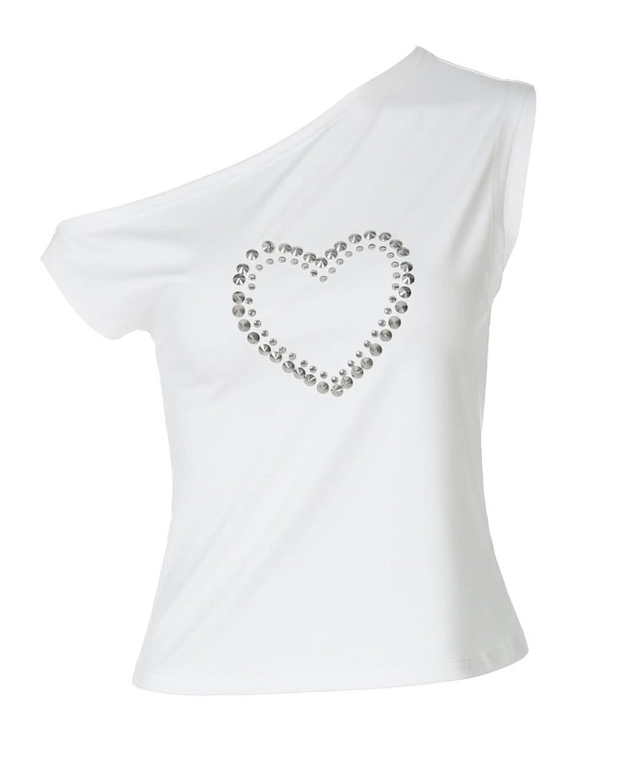 Dazzling Heart Stud One-Shoulder Top – Your Chic Fall Statement Piece