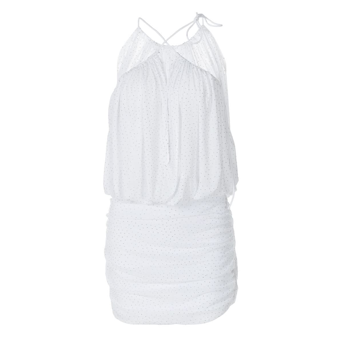 Dazzling Dot Mesh Halter Mini Dress - Chic Ruched Style for Parties & Holiday Glam