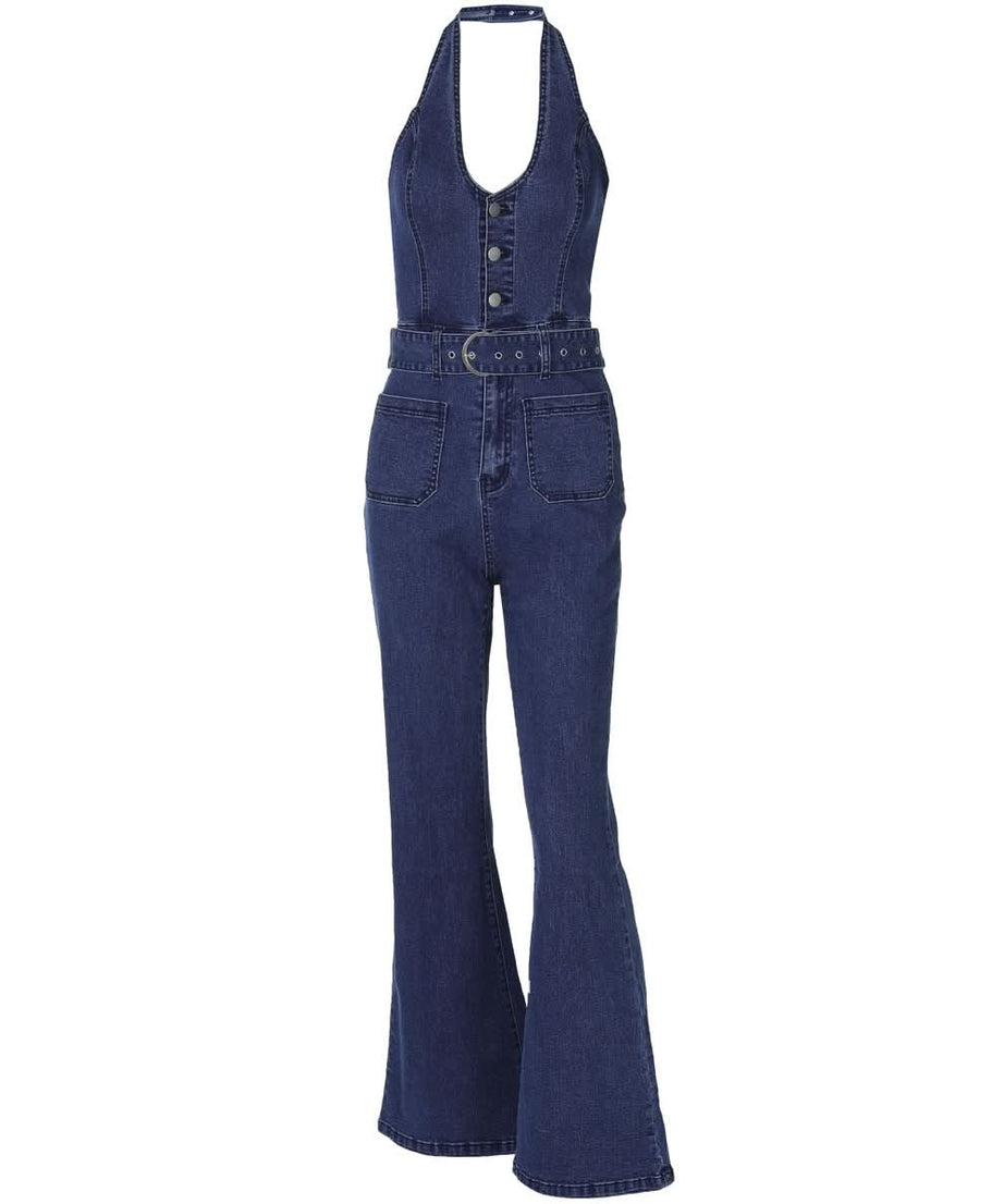 Retro Chic Halter Bell Bottom Jumpsuit: Belted Denim-Look for Fall Style