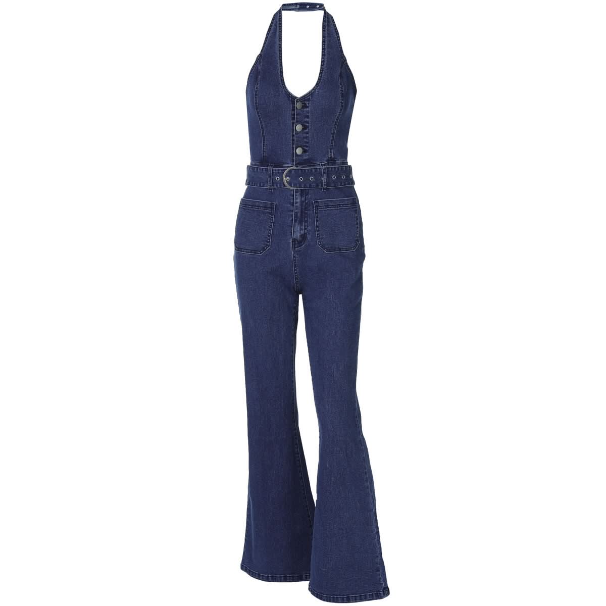 Retro Chic Halter Bell Bottom Jumpsuit: Belted Denim-Look for Fall Style