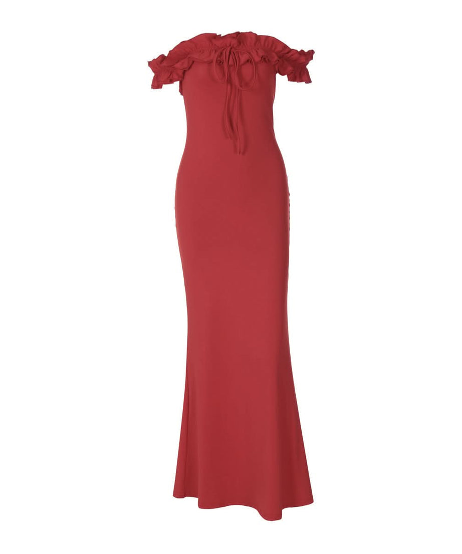 Radiant Red Ruffle Off-Shoulder Maxi Gown - Holiday Party & Gala Ready