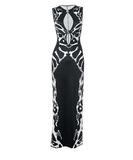 Holiday Glamour: Black & White Abstract Print Keyhole Maxi Dress