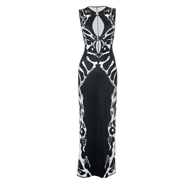 Holiday Glamour: Black & White Abstract Print Keyhole Maxi Dress