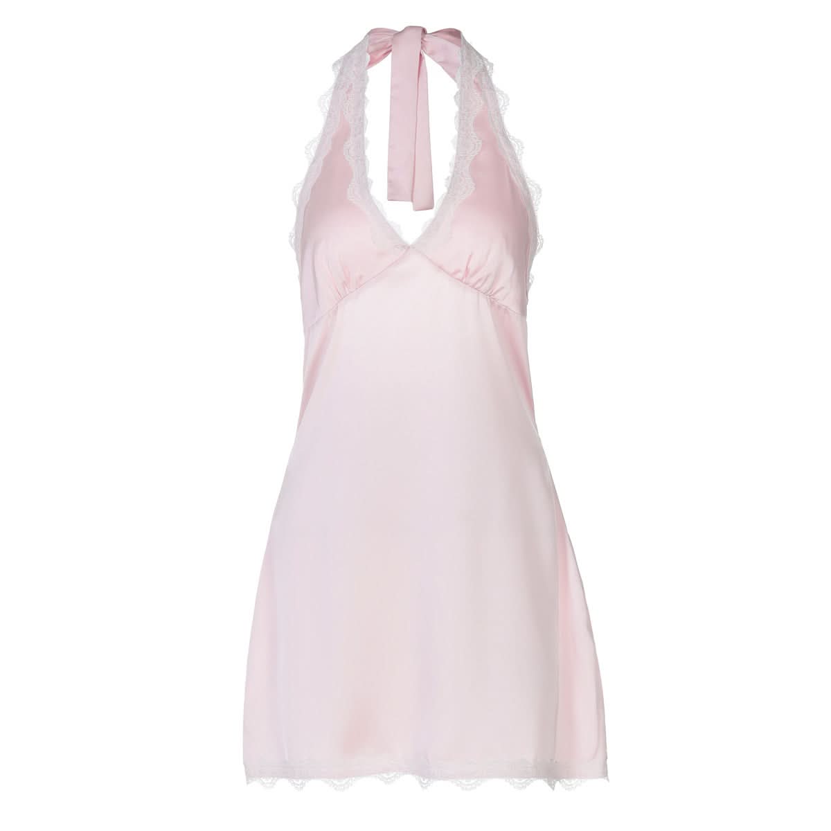 Dreamy Blush Pink Satin Halter Mini Dress – Romantic Lace Trim for Cozy Nights