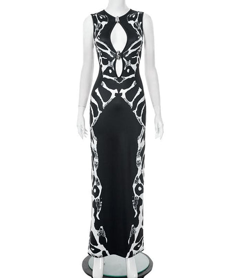 Holiday Glamour: Black & White Abstract Print Keyhole Maxi Dress