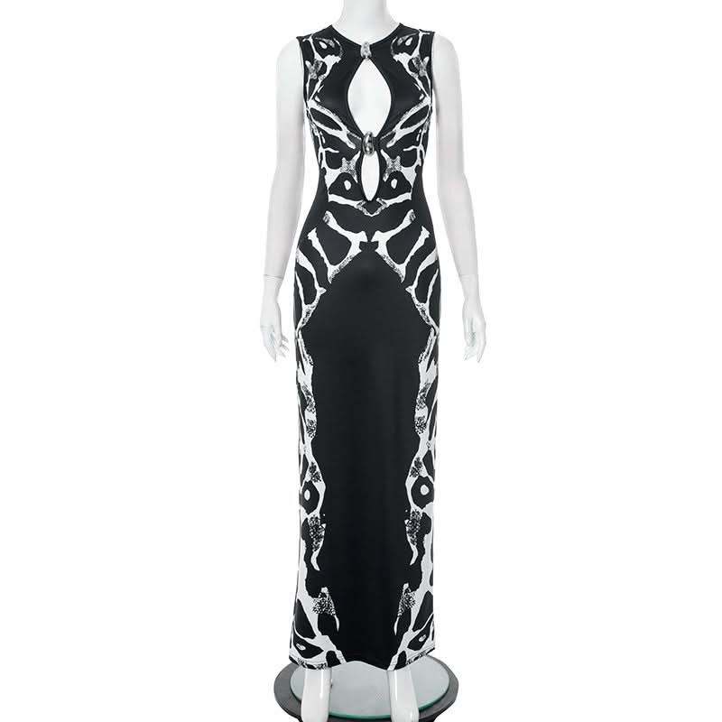 Holiday Glamour: Black & White Abstract Print Keyhole Maxi Dress