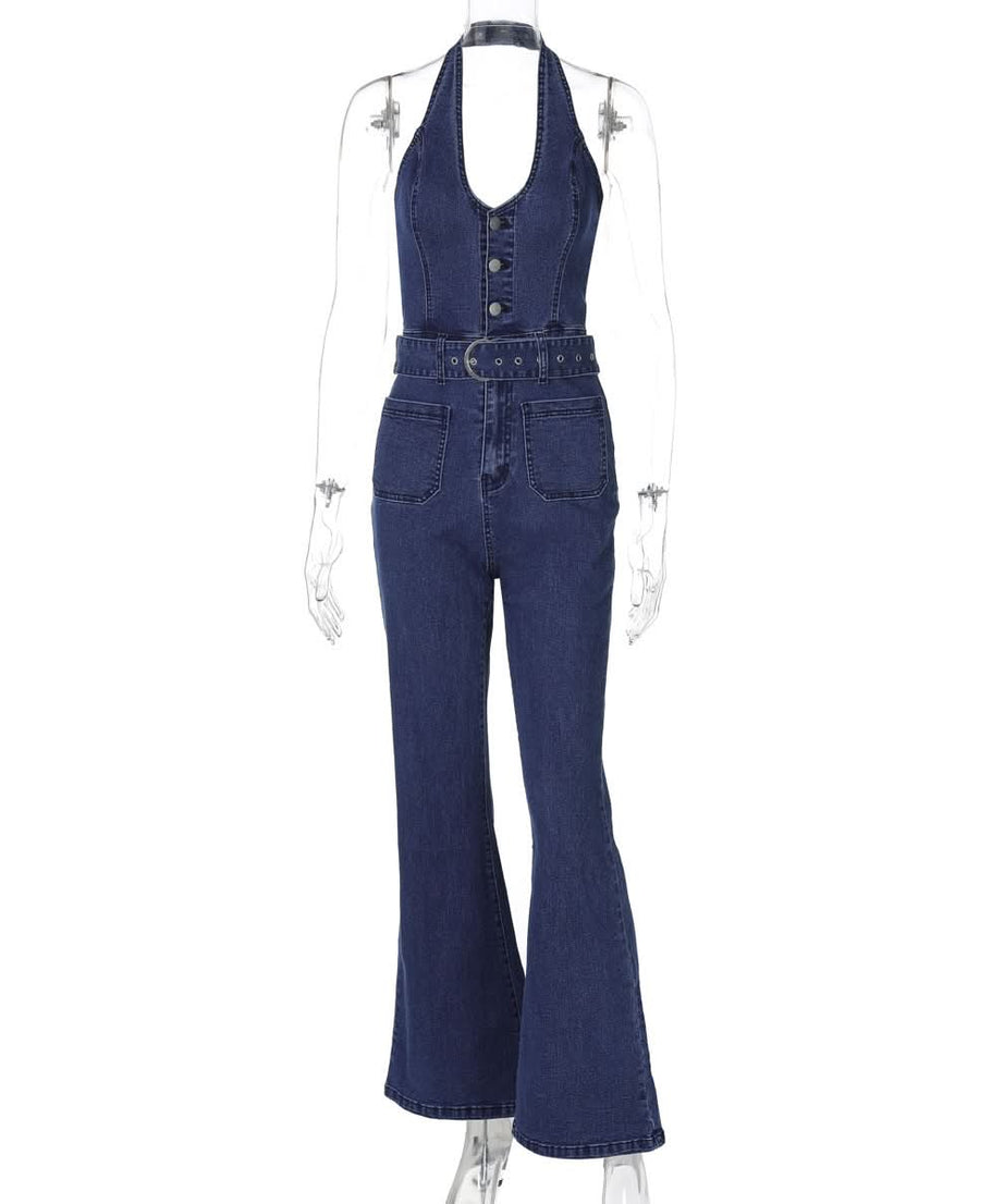 Retro Chic Halter Bell Bottom Jumpsuit: Belted Denim-Look for Fall Style