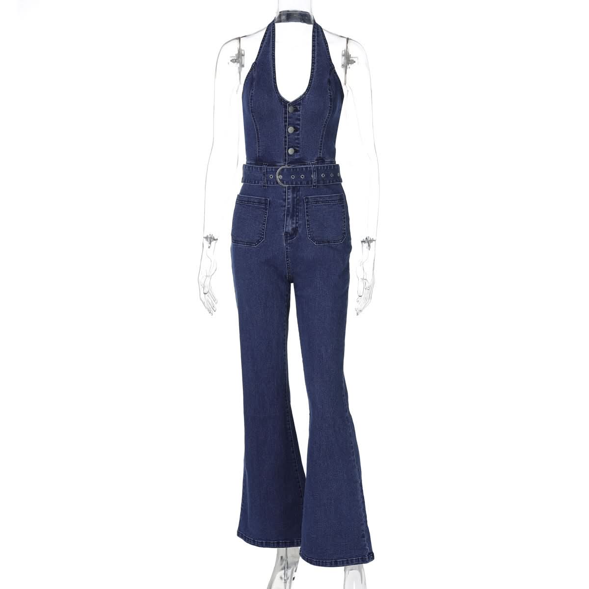 Retro Chic Halter Bell Bottom Jumpsuit: Belted Denim-Look for Fall Style