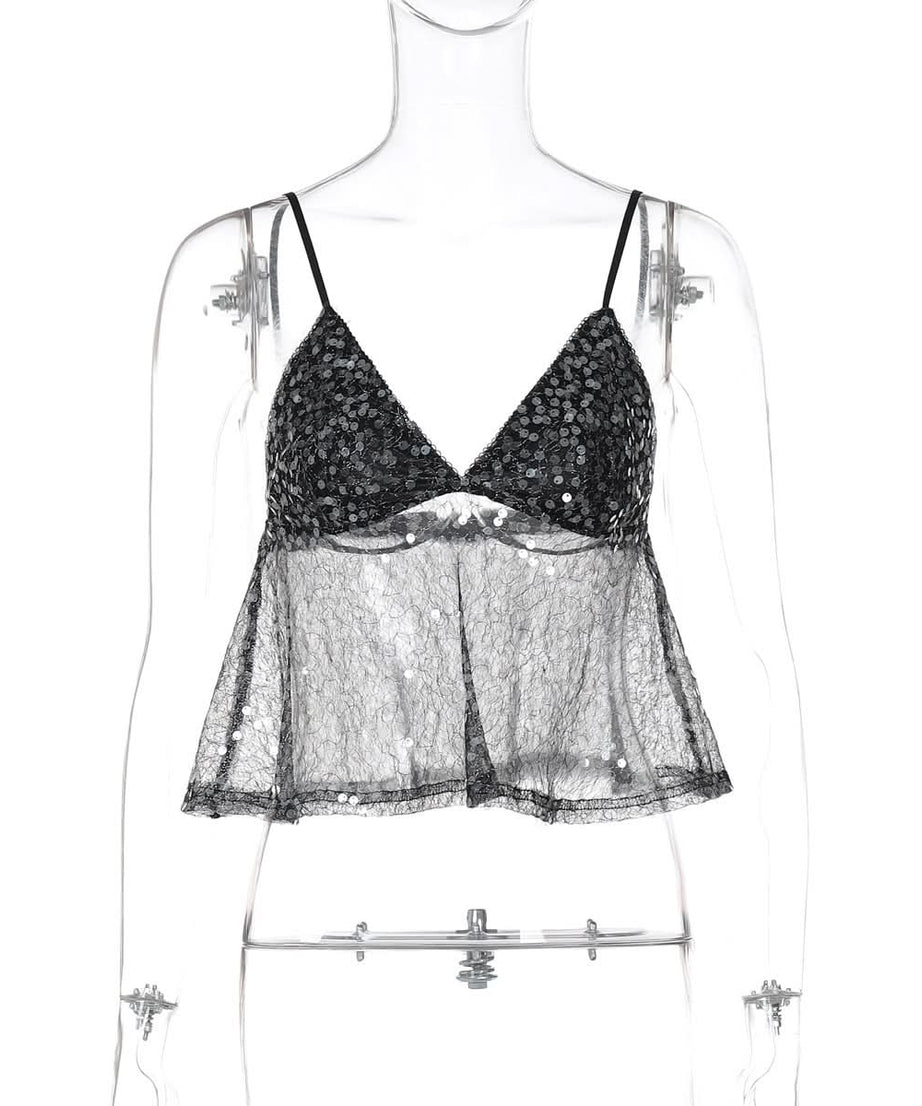 Glamorous Sequin & Sheer Babydoll Cami Top - Your Sparkle for Fall Parties & Holiday Nights