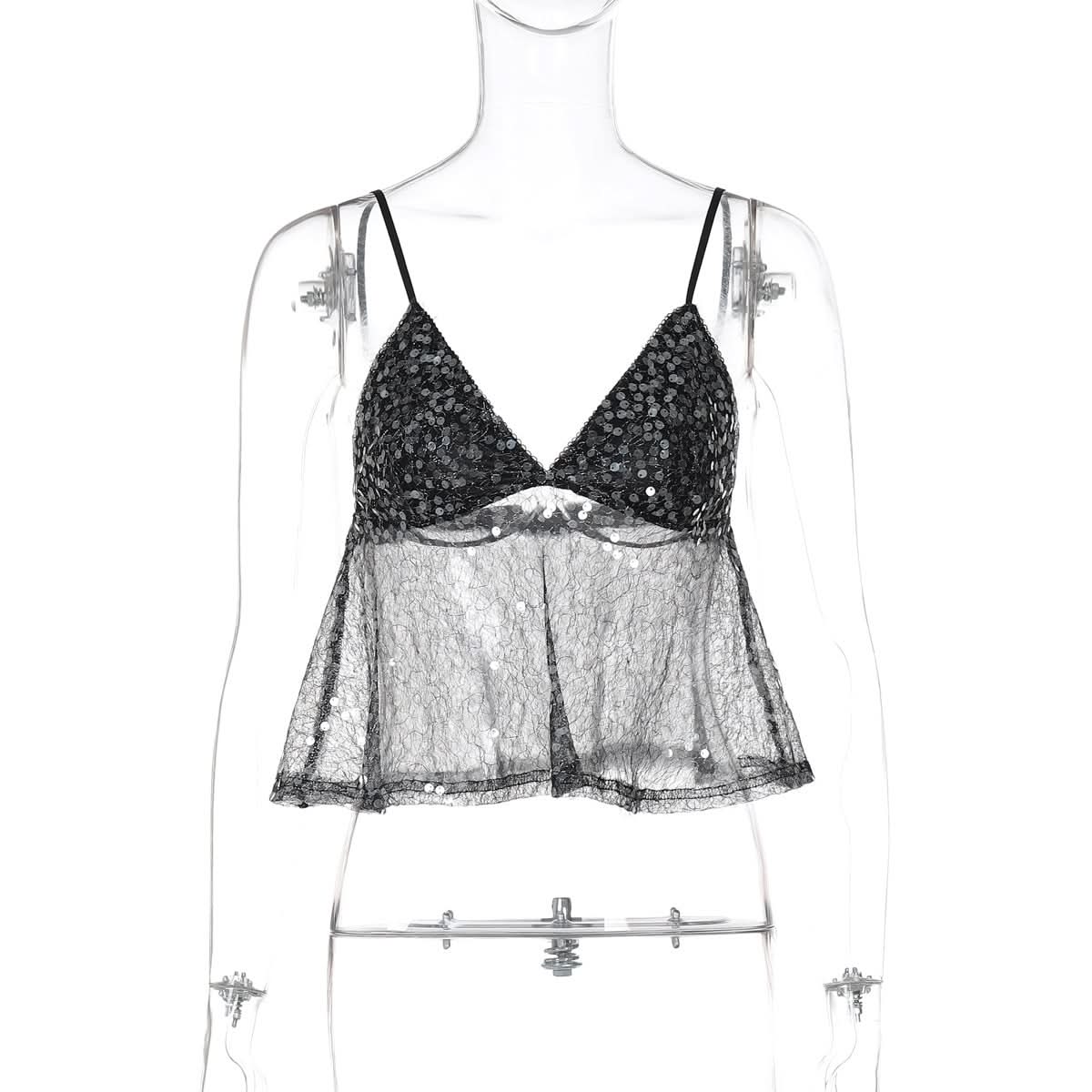 Glamorous Sequin & Sheer Babydoll Cami Top - Your Sparkle for Fall Parties & Holiday Nights