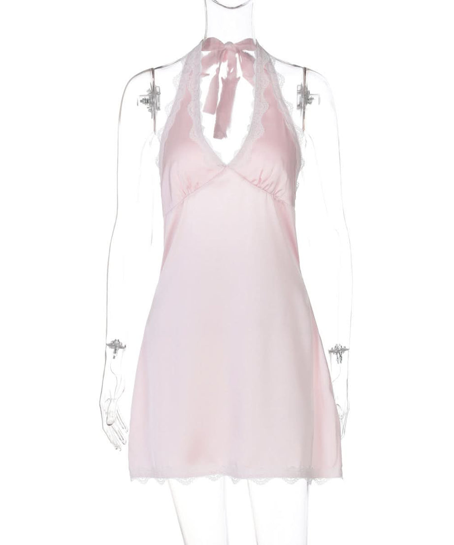 Dreamy Blush Pink Satin Halter Mini Dress – Romantic Lace Trim for Cozy Nights