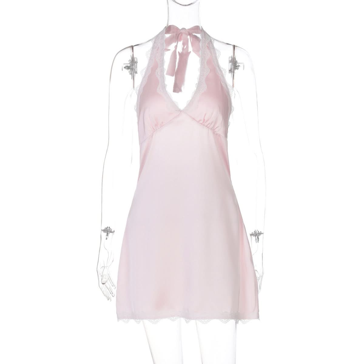 Dreamy Blush Pink Satin Halter Mini Dress – Romantic Lace Trim for Cozy Nights