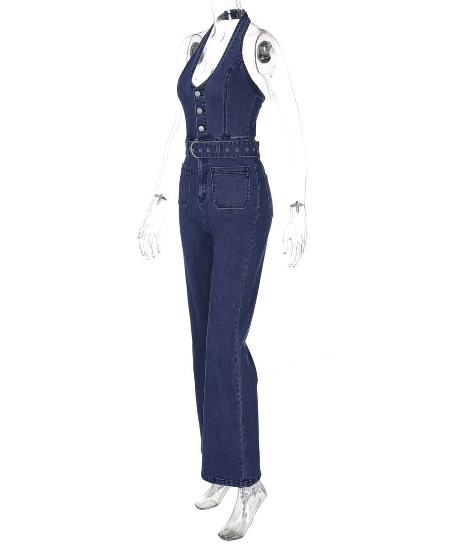 Retro Chic Halter Bell Bottom Jumpsuit: Belted Denim-Look for Fall Style