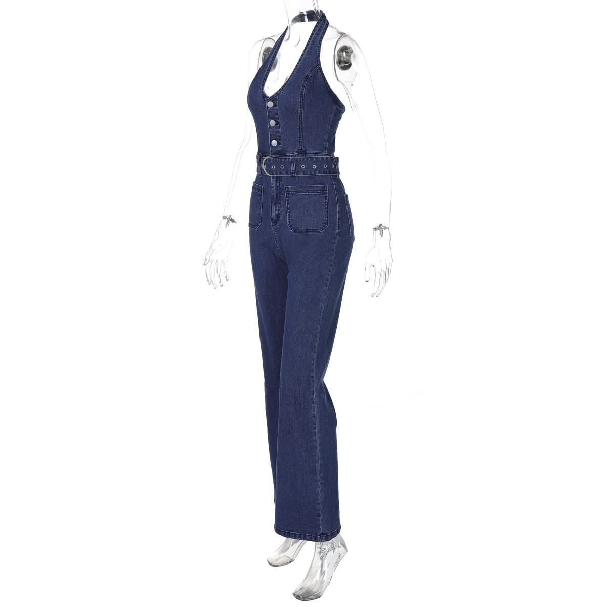 Retro Chic Halter Bell Bottom Jumpsuit: Belted Denim-Look for Fall Style