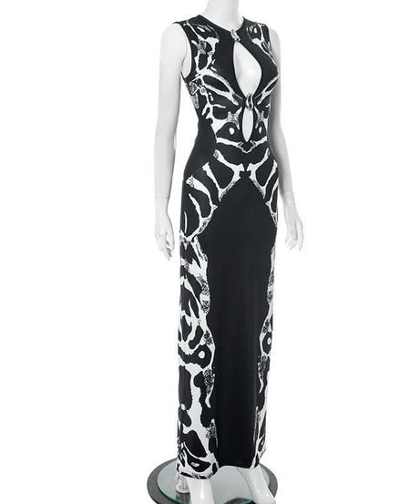 Holiday Glamour: Black & White Abstract Print Keyhole Maxi Dress